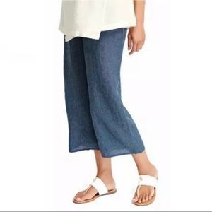 FLAX blue linen wide leg cropped pants